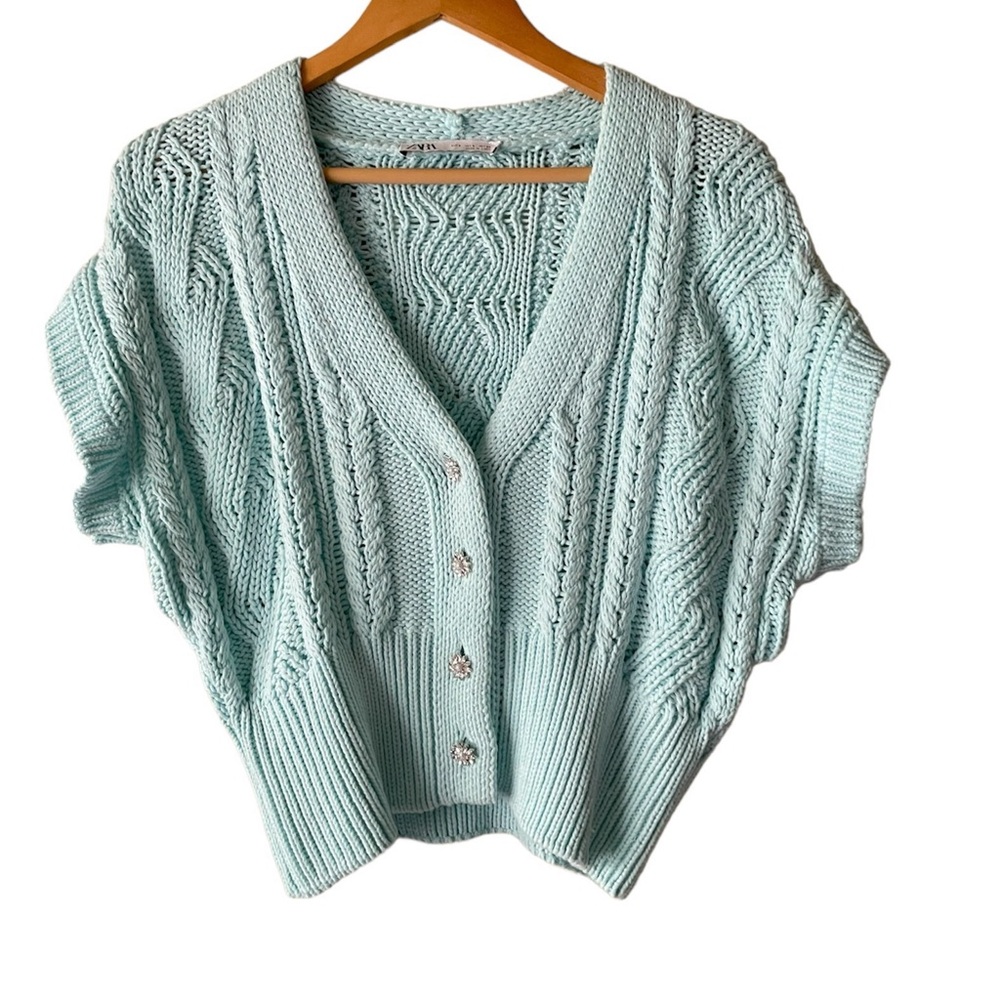 Zara Blue Cable Knit Cap Sleeve Button Sweater Cardigan
